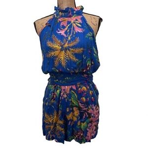 Rachel Roy Floral Palm Print Romper Blue Sleeveless‎ Tie Waist Summer Size Small